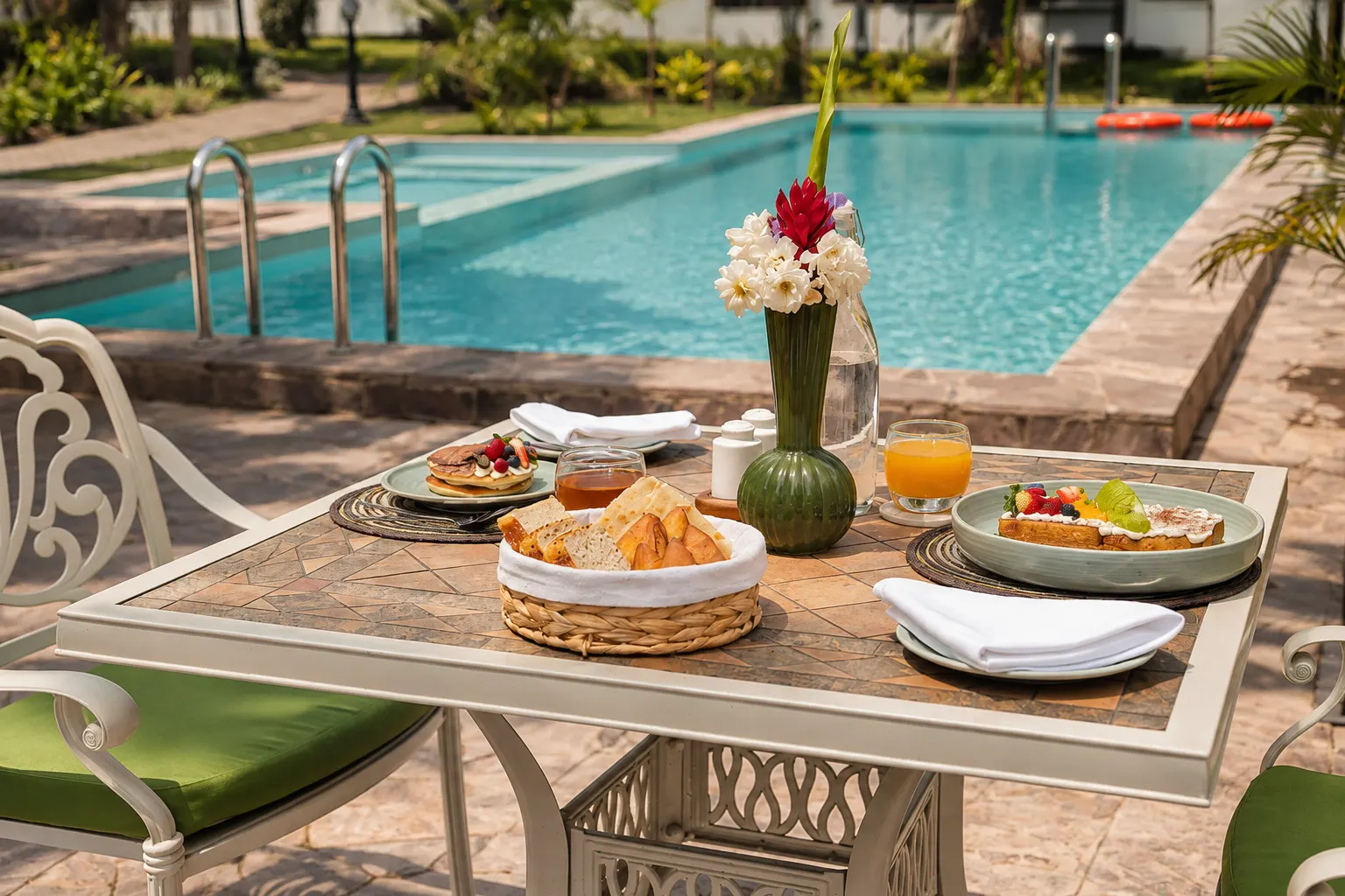 Breakfast laid on a garden table beside the pool at Haile.