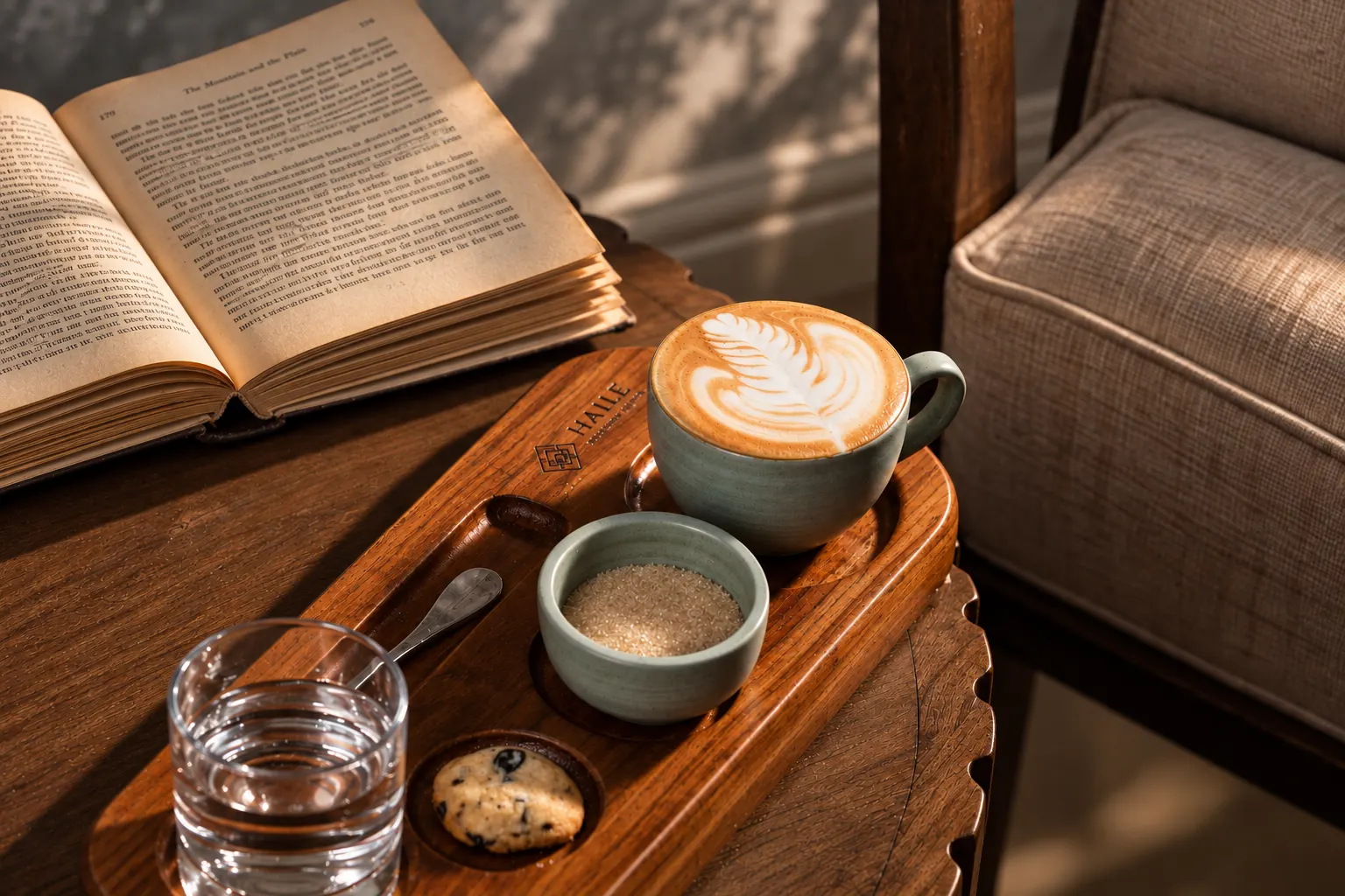 Haile Brew — the coffee room, with a brass chandelier, antique maps of Arusha on the walls, and a chess table by the window.
