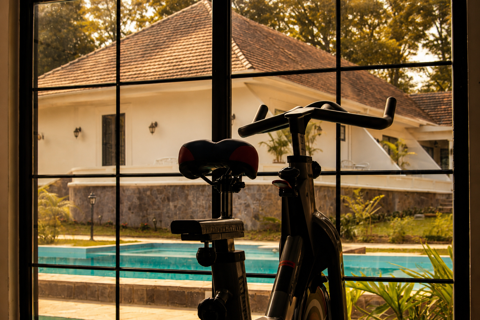 The fitness studio, looking onto the garden.