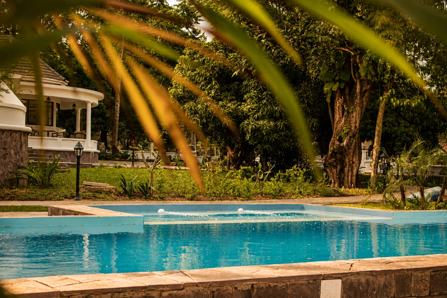 The pool at Haile, framed by the white colonnade of the garden wing.
